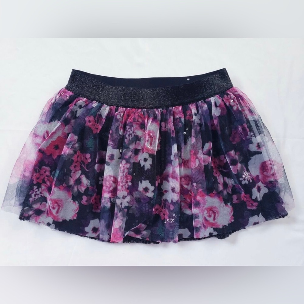 Justice Kids Girls Floral Pink and Black Sequin Skirt